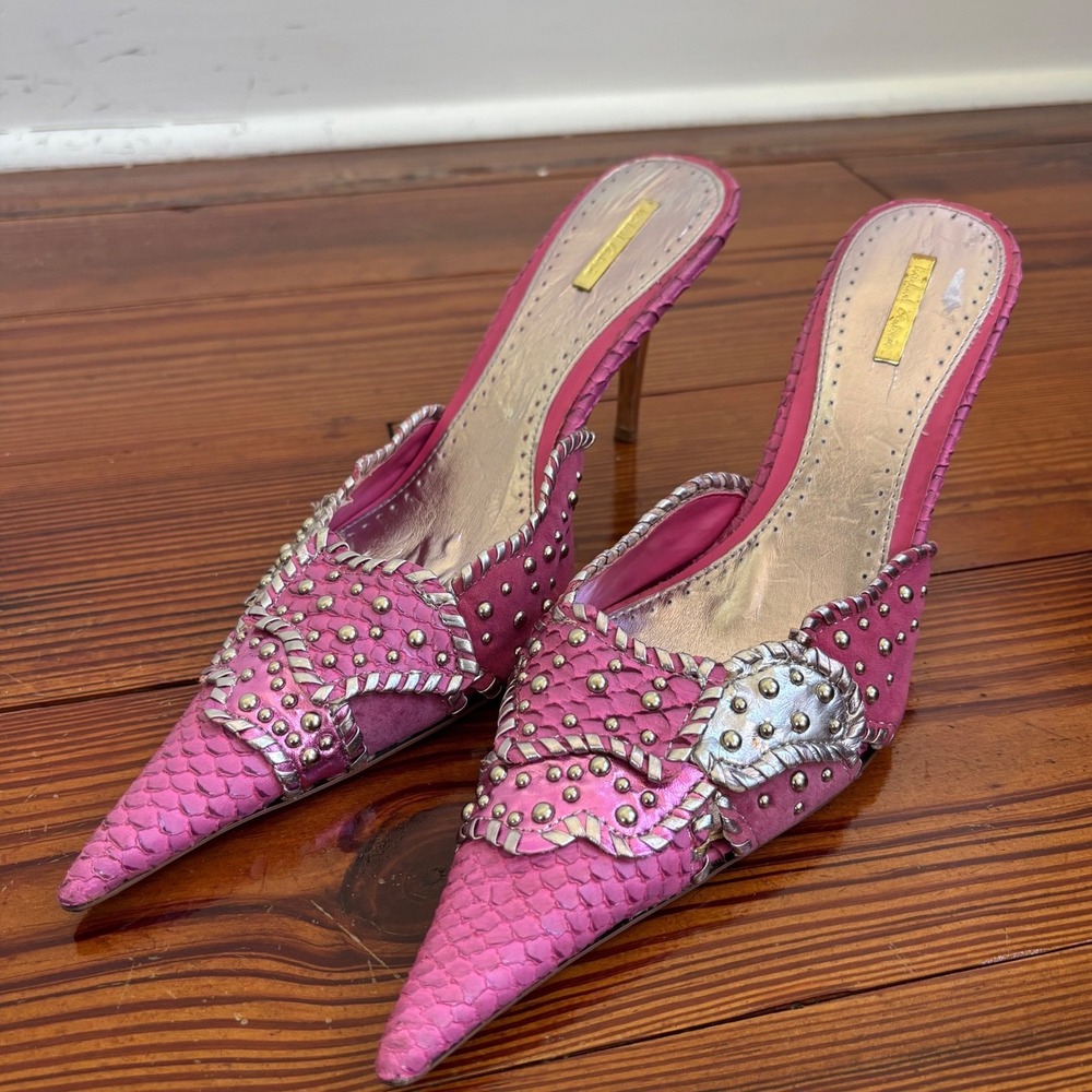 Vintage Michael Antonio Y2K McBling Pink Studded Pointed Toe Mule Heels Slides 9